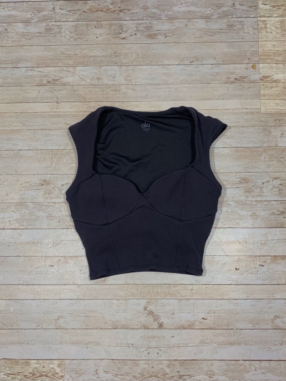 Alo Yoga Ribbed Sweetheart Short Sleeve Top Sports Bra Black Size S